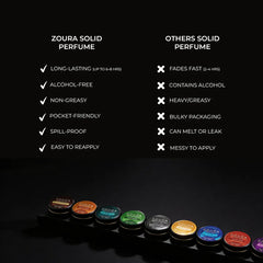 Comparison chart of Zoura solid perfume versus other solid perfumes on a black background with Zoura products displayed.