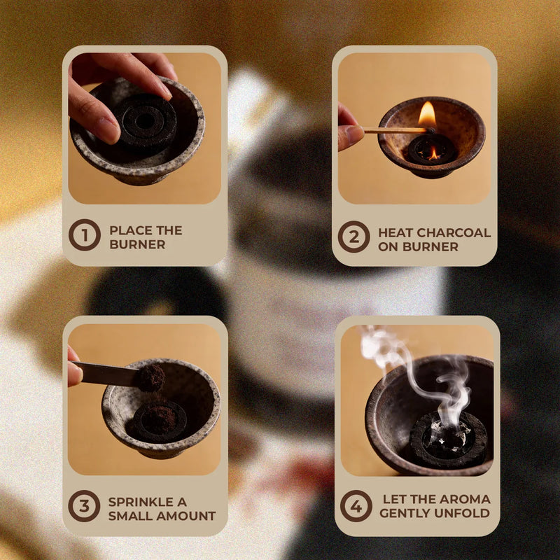 Step-by-step guide on how to use a burner with charcoal, showing a hand performing each action.