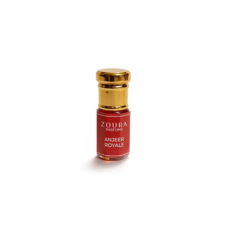 zoura anjeer royale long lasting attar bottle with gold cap on a white background
