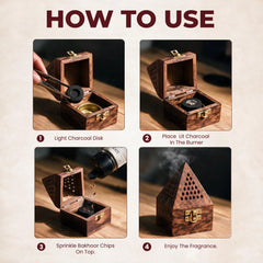How to use home fragrance bakhoor powder — light charcoal disk, place in burner, sprinkle bakhoor, enjoy Arabian incense fragrance by Zoura Parfums