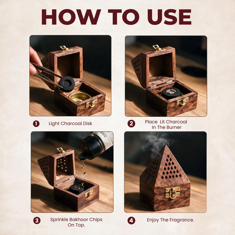 How to use home fragrance bakhoor powder — light charcoal disk, place in burner, sprinkle bakhoor, enjoy Arabian incense fragrance by Zoura Parfums