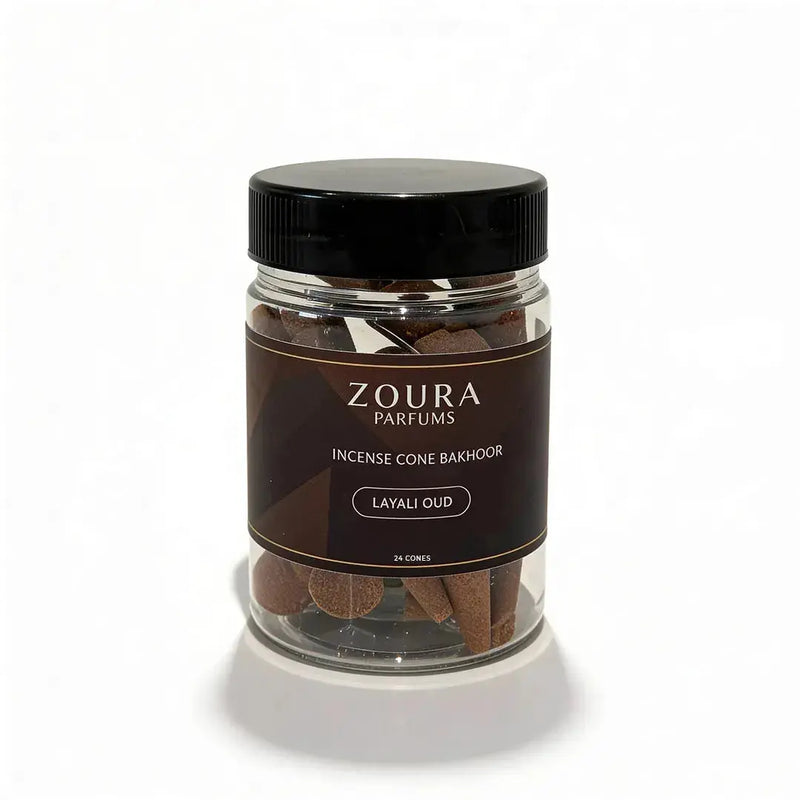 Jar of Zoura Parfums incense cones on a white background