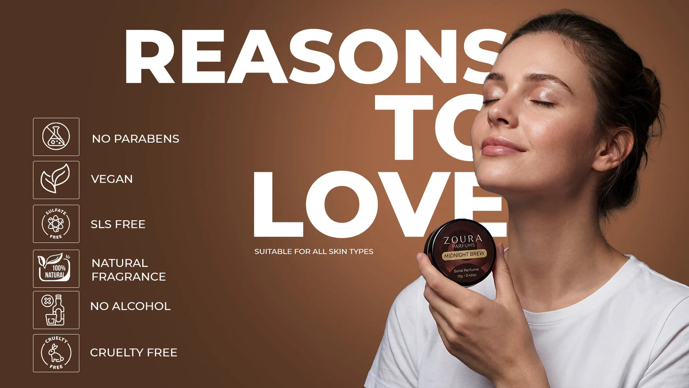 Woman holding a product with 'Reasons to Love' text and product features on a brown background