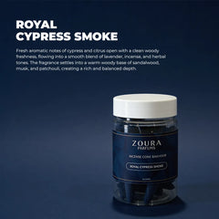 Zoura Parfums Royal Cypress Smoke incense cone basket on a dark background