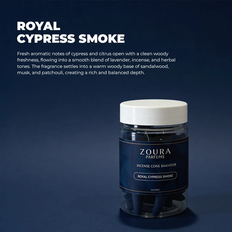 Zoura Parfums Royal Cypress Smoke incense cone basket on a dark background