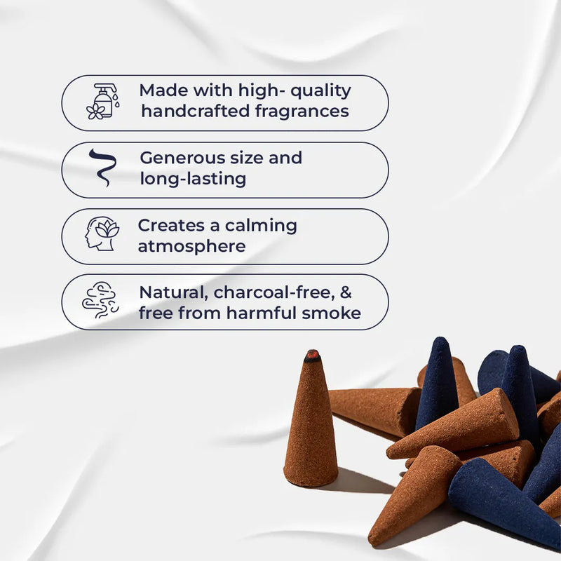 Incense cones with text highlighting their qualities on a white background