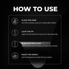 Instructions on how to use an incense cone with icons and text on a black background