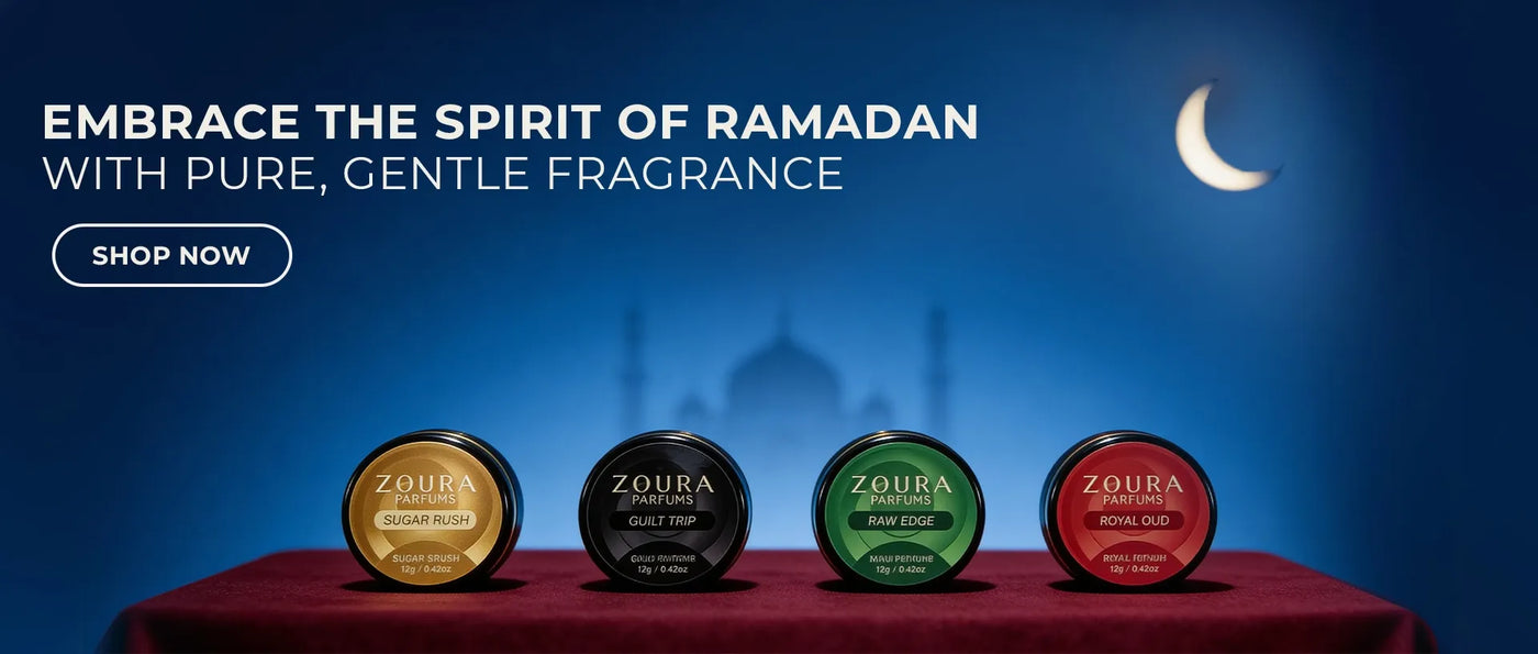 Four Zoura products on a red tablecloth with a blue background and crescent moon, promoting Ramadan fragrances.