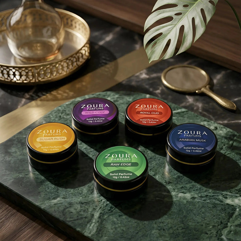 Zoura Parfums Prestige Solid Perfume Collection on marble tray