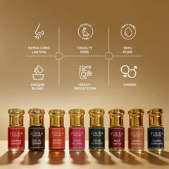 Zoura Parfums attar collection featuring Anjeer Royale, Oud Al Qamar, and 7 other unisex non-alcoholic attars with cruelty-free, long-lasting fragrance
