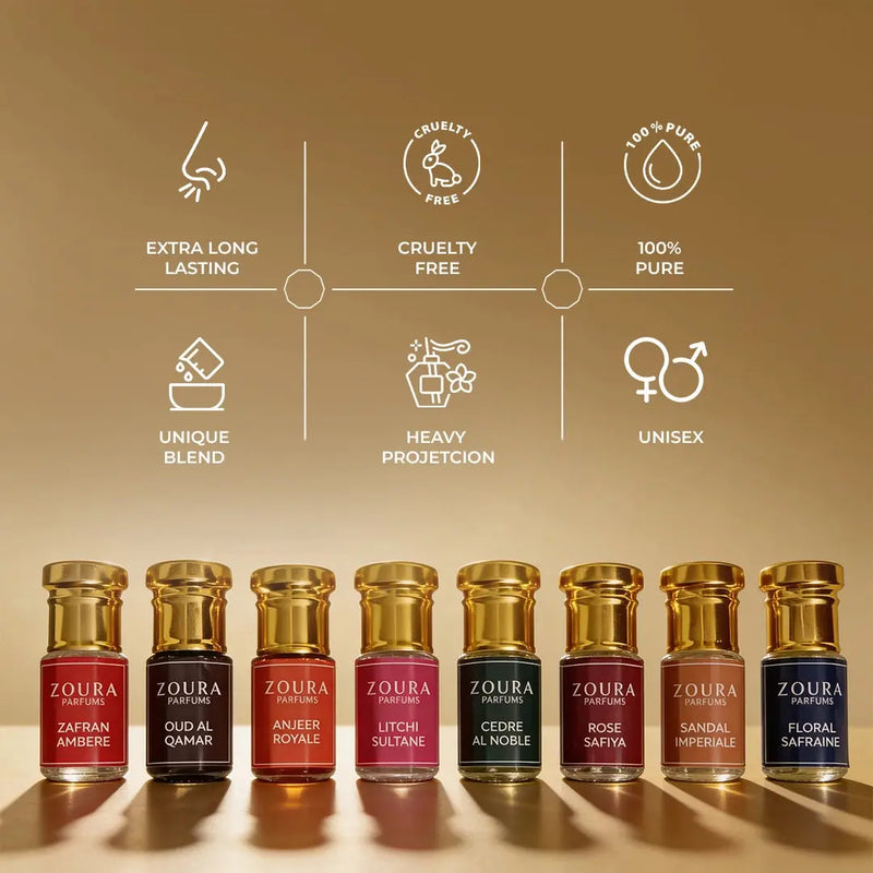 Zoura Parfums attar collection featuring Anjeer Royale, Oud Al Qamar, and 7 other unisex non-alcoholic attars with cruelty-free, long-lasting fragrance