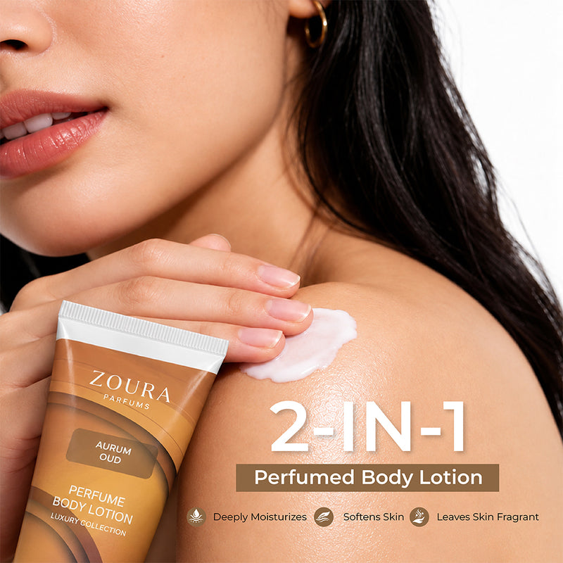 Aurum Oud Woody Amber Perfume Body Lotion 50g by Zoura with a warm luxurious oud fragrance