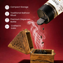 Home fragrance bakhoor powder dispenser bottle — traditional bakhoor ritual, compact storage, crafted in India, Jannat Al Ward by Zoura Parfums