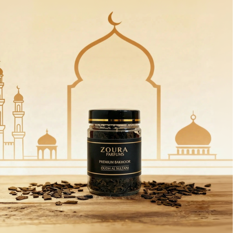 Zoura Parfums premium bakhoor chips jar on a wooden surface, decorative background with architectural elements.