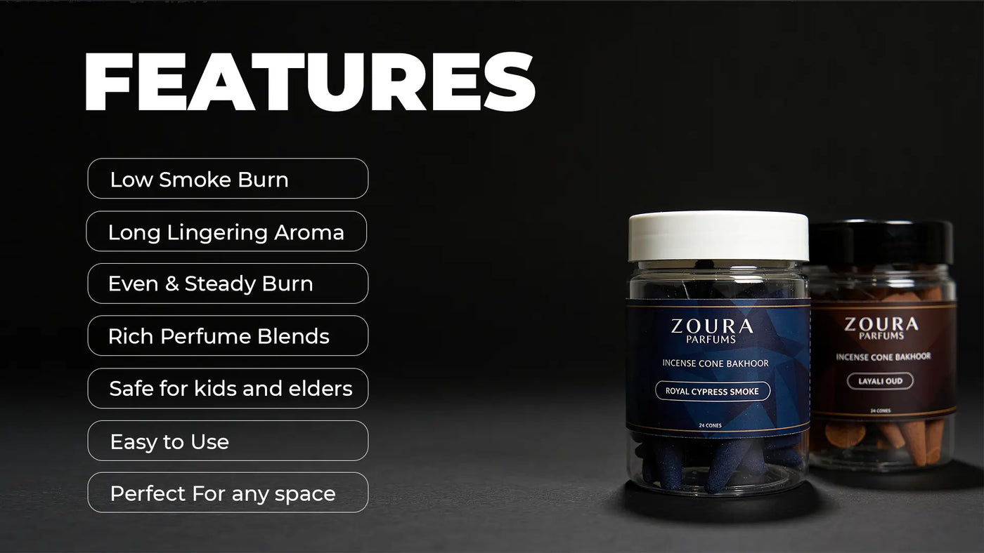 Zoura bakhoor cones products with features listed on a dark background
