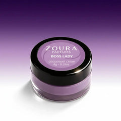 Zoura Parfums Boss Lady deodorant cream jar on a gradient purple background