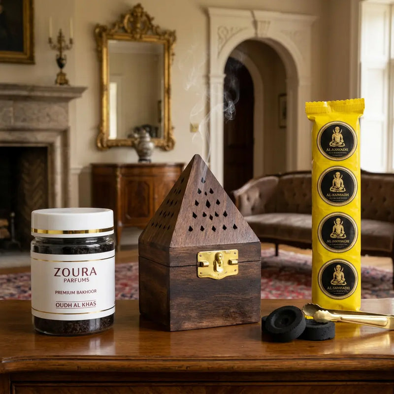 Oudh Al Khas Bakhoor Kit – Smooth Oud with Wooden Burner &  Charcoal Rings