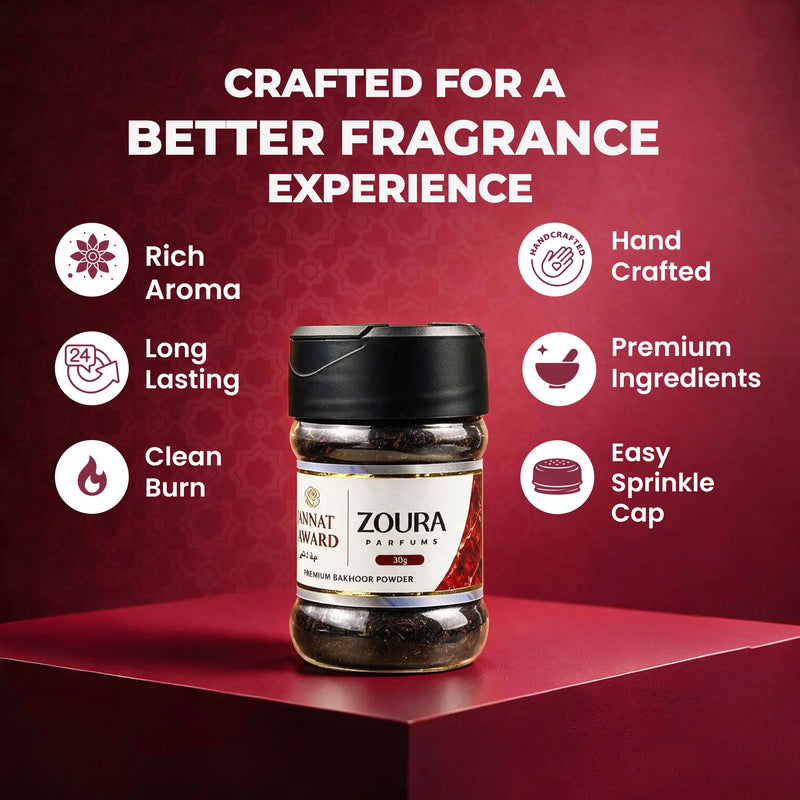 Home fragrance bakhoor powder features — rich aroma, long lasting, hand crafted, premium ingredients, clean burn, easy sprinkle cap, Jannat Al Ward by Zoura Parfums