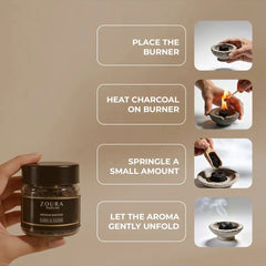 How to use oud bakhoor Oudh Al Sultani by Zoura Parfums — place burner, heat charcoal, sprinkle bakhoor, let aroma unfold