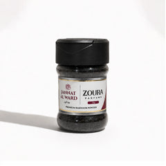 Jannat Al Ward premium bakhoor powder jar by Zoura Parfums, 30g, black lid incense powder bottle