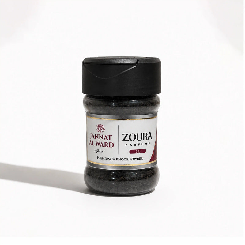Jannat Al Ward premium bakhoor powder jar by Zoura Parfums, 30g, black lid incense powder bottle