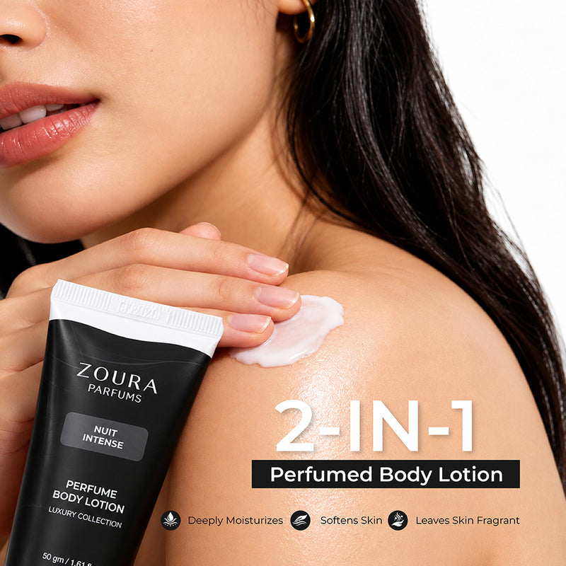 Nuit Intense Aromatic Spicy Perfume Body Lotion 50g by Zoura with a sophisticated warm spicy fragrance