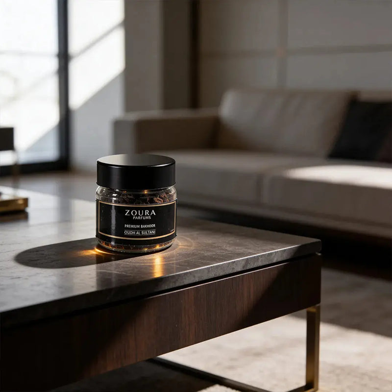 Oud bakhoor Oudh Al Sultani by Zoura Parfums on living room table, home fragrance jar