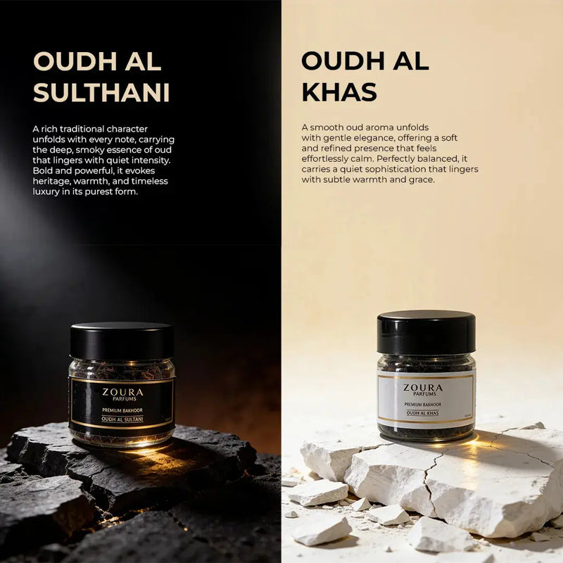 Oud bakhoor comparison — Oudh Al Sultani bold smoky oud and Oudh Al Khas smooth refined oud, Zoura Parfums