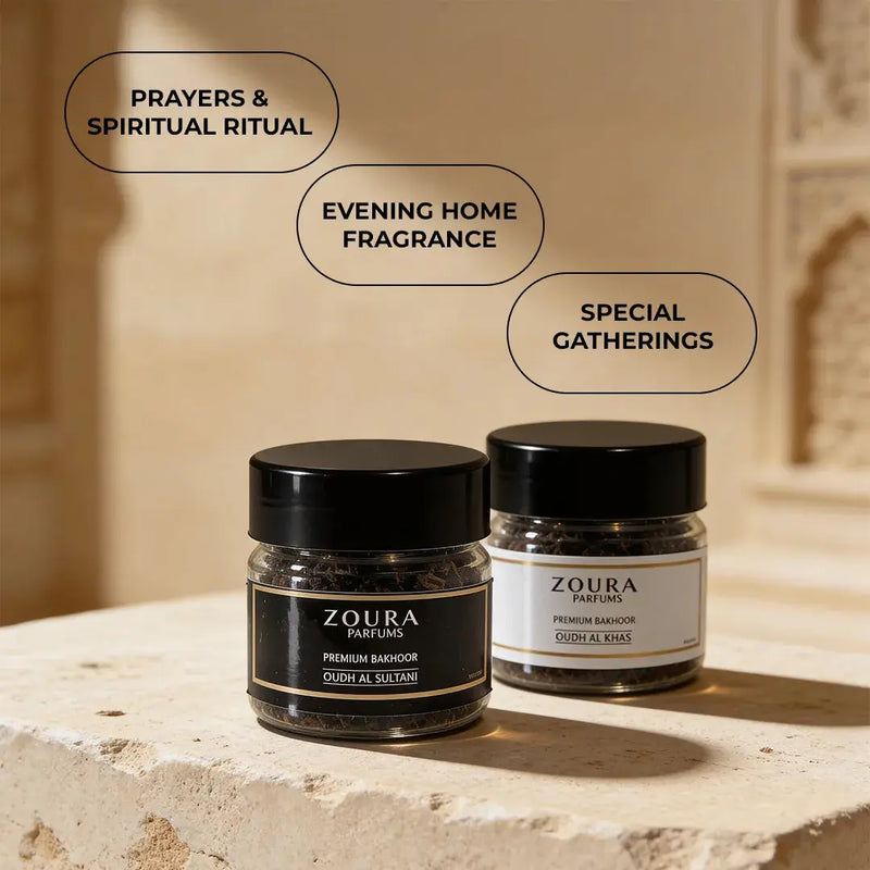 Oud bakhoor Oudh Al Sultani and Oudh Al Khas by Zoura Parfums for prayers, spiritual ritual, evening home fragrance