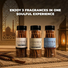 Enjoy 3 Fragrances in One Soulful Experience – Zoura Premium Bakhoor Stick Trio with Prayer Beads, Mosque Silhouette and Lantern Backdrop