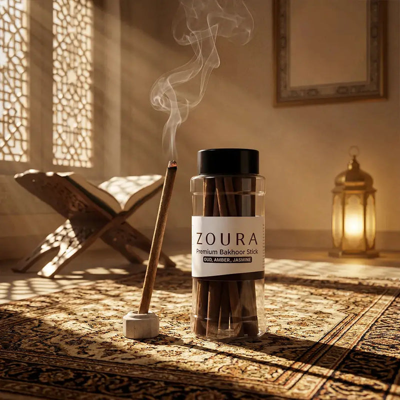 Zoura Premium Bakhoor Incense Stick burning with smoke on traditional Arabian rug, Oud Amber Jasmine fragrance jar with lantern