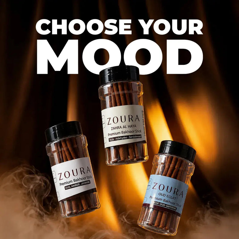 Choose Your Mood - Zoura Bakhoor Stick range: Oud Amber Jasmine, Zahra Al Haya, Oud Eclat, floating jars with smoke on golden backdrop