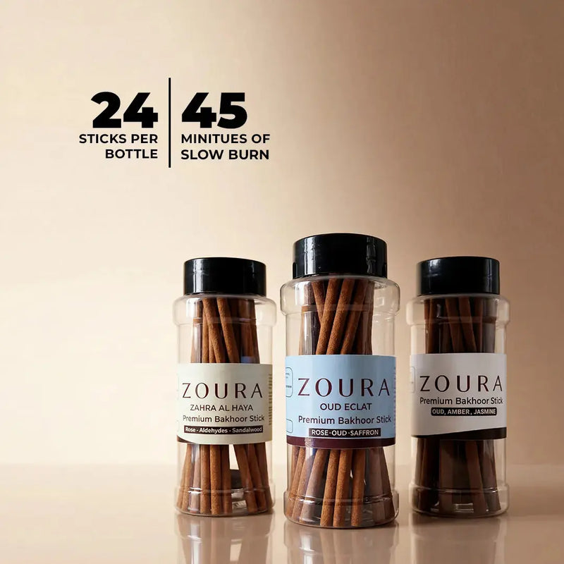 Zoura Premium Bakhoor Stick collection - 24 sticks per bottle, 45 minutes slow burn - Zahra Al Haya, Oud Eclat, Oud Amber Jasmine variants