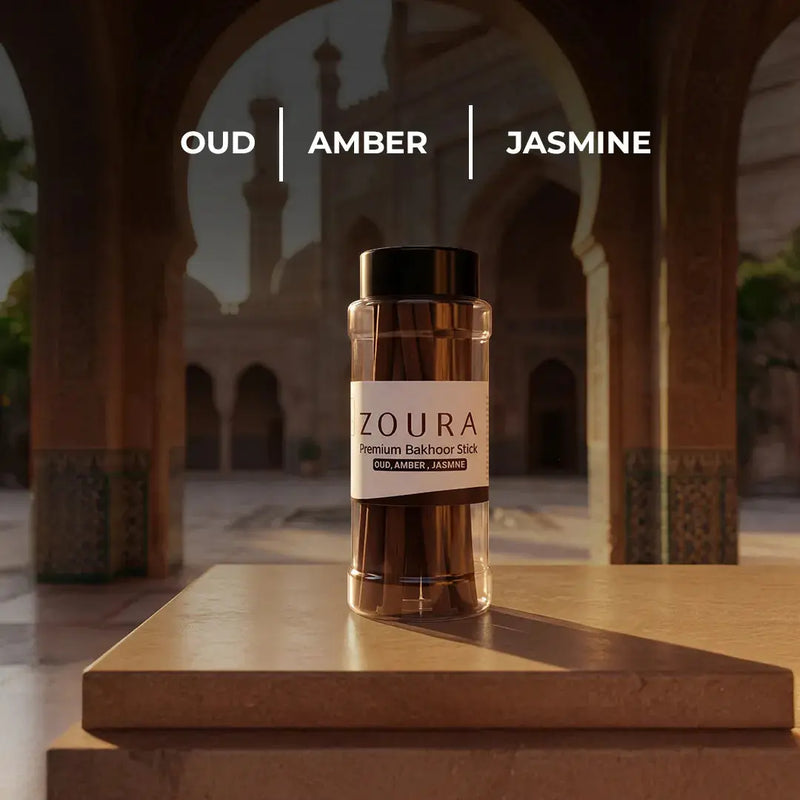 Zoura Premium Bakhoor Incense Sticks jar with Oud, Amber, Jasmine fragrance notes, set against Arabian mosque courtyard architecture