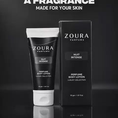 Zoura Parfums Nuit Intense Perfume Body Lotion, 20g tube and box, luxury collection — a mysterious apple, lavender, cinnamon and vanilla fragrance blend for skin.