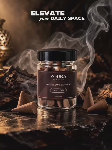 Zoura Layali Oud Bakhoor Incense Cones product video showcasing the premium incense jar, aromatic smoke, and oud fragrance experience.