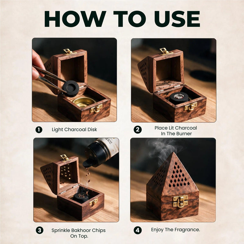 How to use Rouh Al Oud bakhoor – light charcoal, place in burner, sprinkle bakhoor, enjoy fragrance