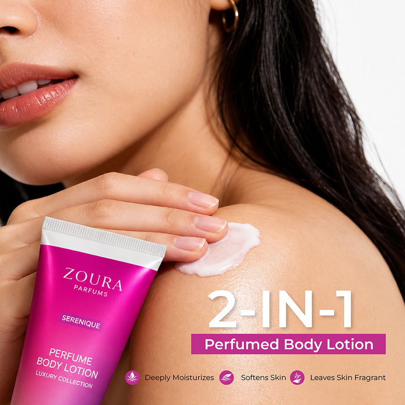 Serenique Floral Musk Perfume Body Lotion 50g by Zoura with soft floral and musky fragrance profile