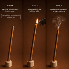 Signature Bakhoor Trio – Premium Incense Sticks Set, How to Use 3-Step Guide: Place, Light and Enjoy the Aroma