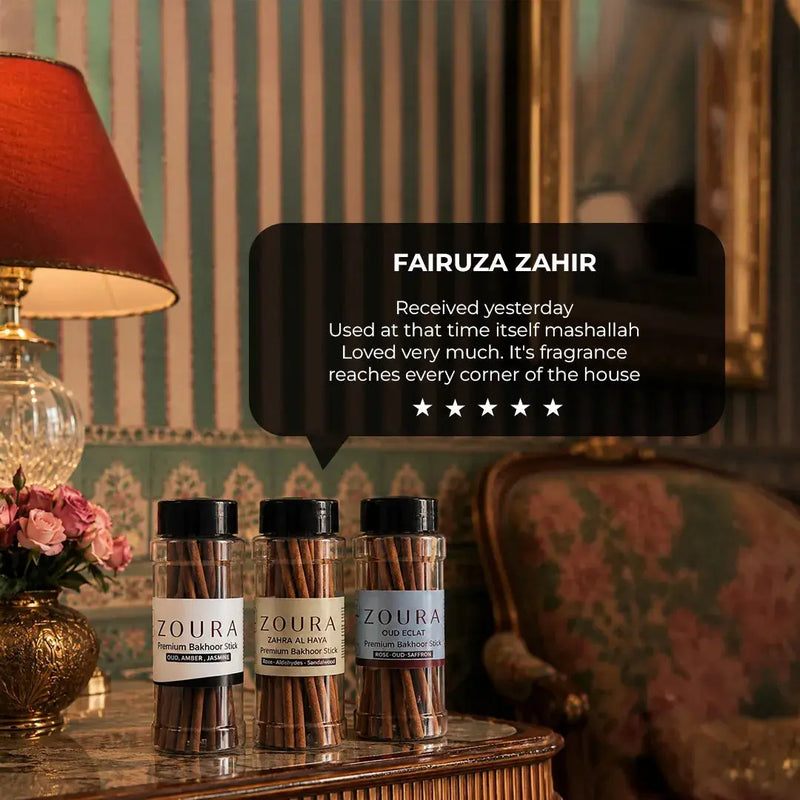 Signature Bakhoor Trio – Premium Incense Sticks Set, 5-Star Customer Review by Fairuza Zahir on Vintage Table
