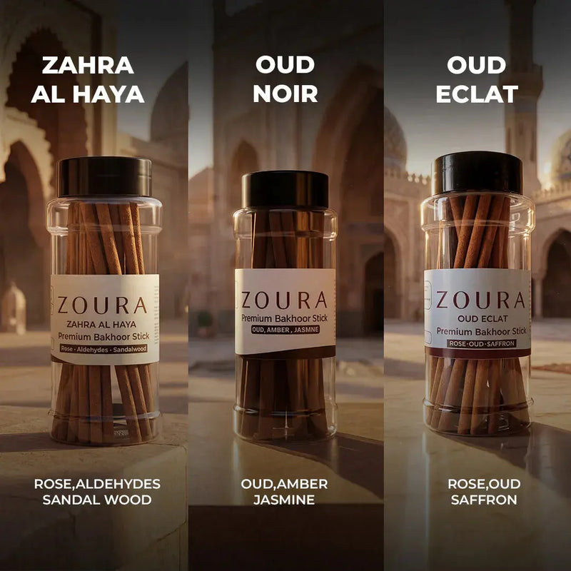Signature Bakhoor Trio – Premium Incense Sticks Set, Zahra Al Haya Oud Noir Oud Eclat Fragrance Notes Panel