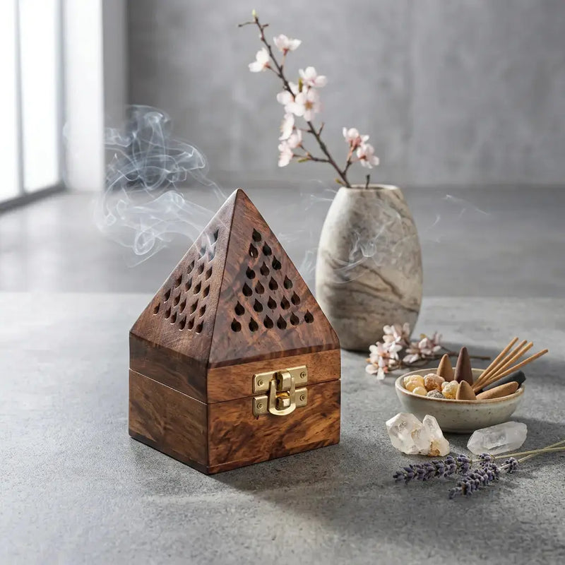 Wooden bakhoor burner with smoke, flowers, and crystals on a gray surface
