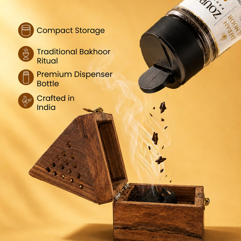 Zoura Parfums Zafran Al Noor bakhoor chips poured into a burner, crafted in India