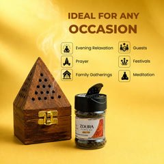 Zoura Parfums Zafran Al Noor bakhoor with wooden burner, ideal for prayer, meditation, and gatherings