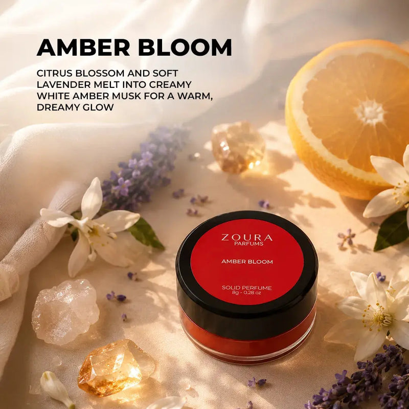Zoura Amber Bloom Unisex Solid Perfume with citrus, lavender, and amber crystals, 8g