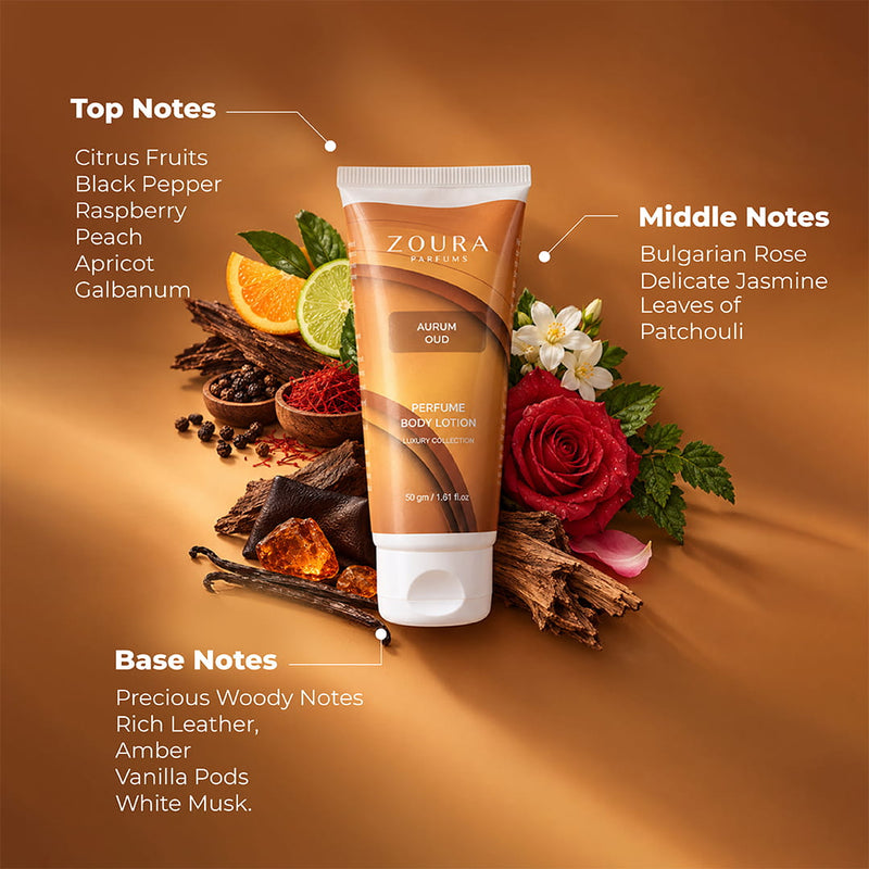 Zoura Aurum Oud perfumed body lotion 50g featuring a deep woody, amber and oud fragrance profile
