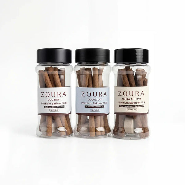 Zoura Bakhoor Mini Trio – Oud Noir, Oud Eclat, and Zahra Al Haya premium bakhoor sticks in glass jars