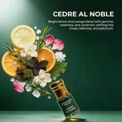 Zoura Cedre Al Noble Attar fragrance notes – lemon, orange, jasmine, rosemary, cyclamen, musk, oakmoss, patchouli