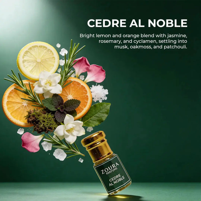 Zoura Cedre Al Noble Attar fragrance notes – lemon, orange, jasmine, rosemary, cyclamen, musk, oakmoss, patchouli