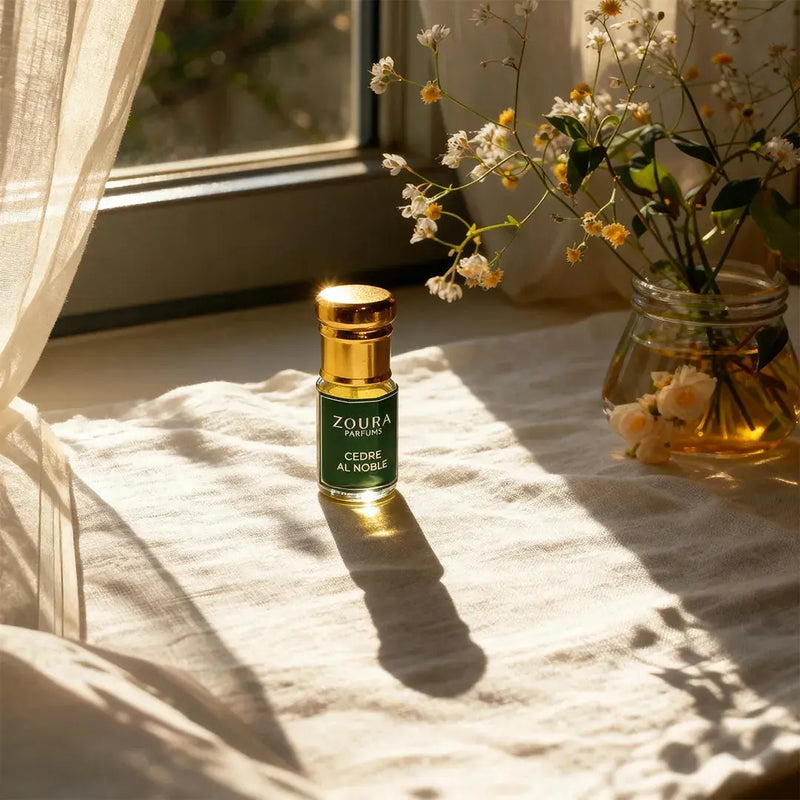 Zoura Cedre Al Noble Attar – non alcoholic unisex attar in natural sunlight with linen and flowers